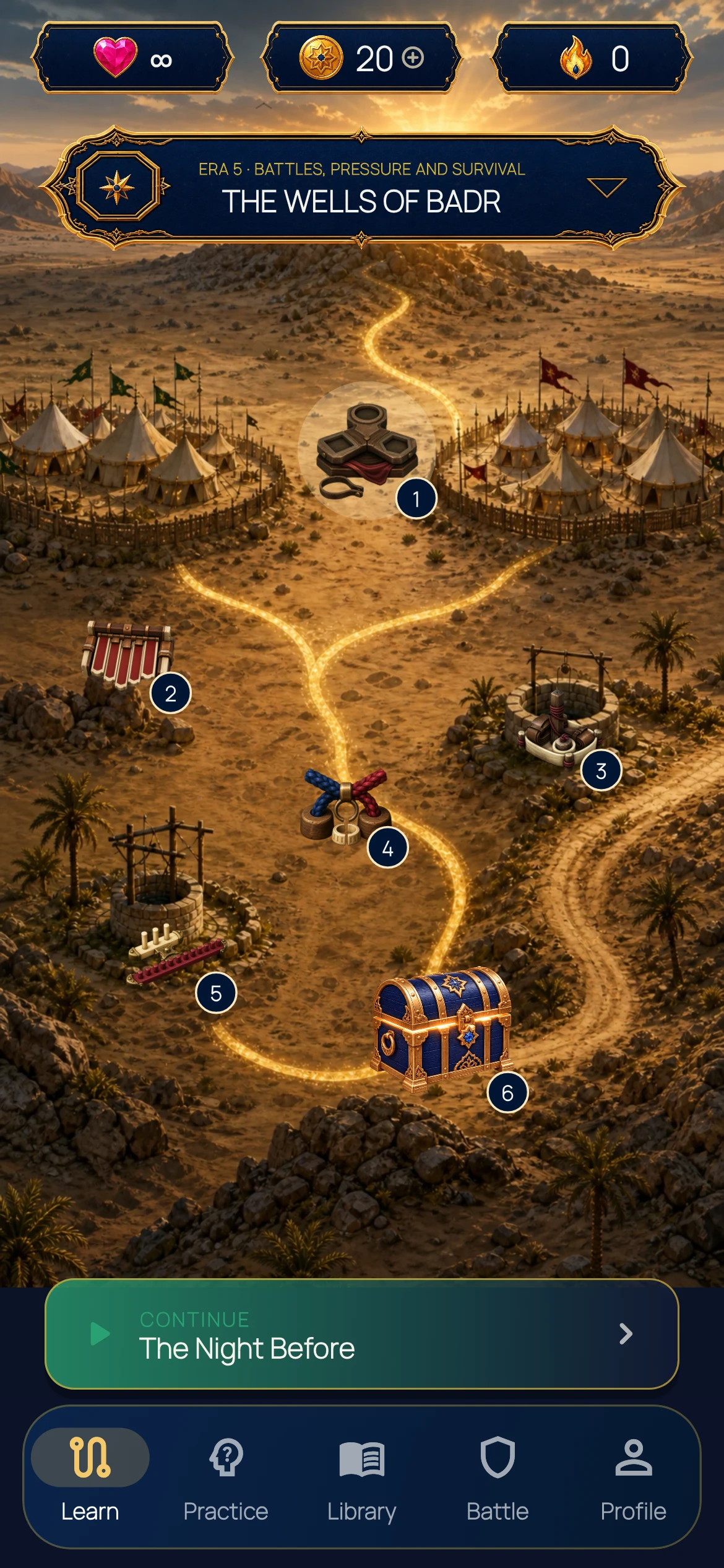 Actual SeerahQuest Wells of Badr app screen, including the exact six lesson icons, numbered route, period selector and navigation