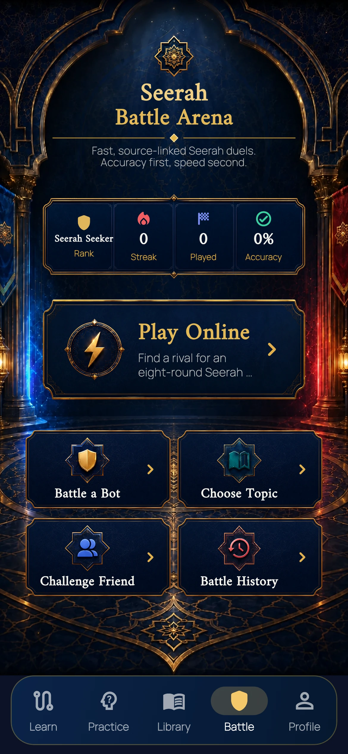 Actual SeerahQuest Battle Arena app screen showing Play Online, Battle a Bot, Choose Topic, Challenge Friend and Battle History