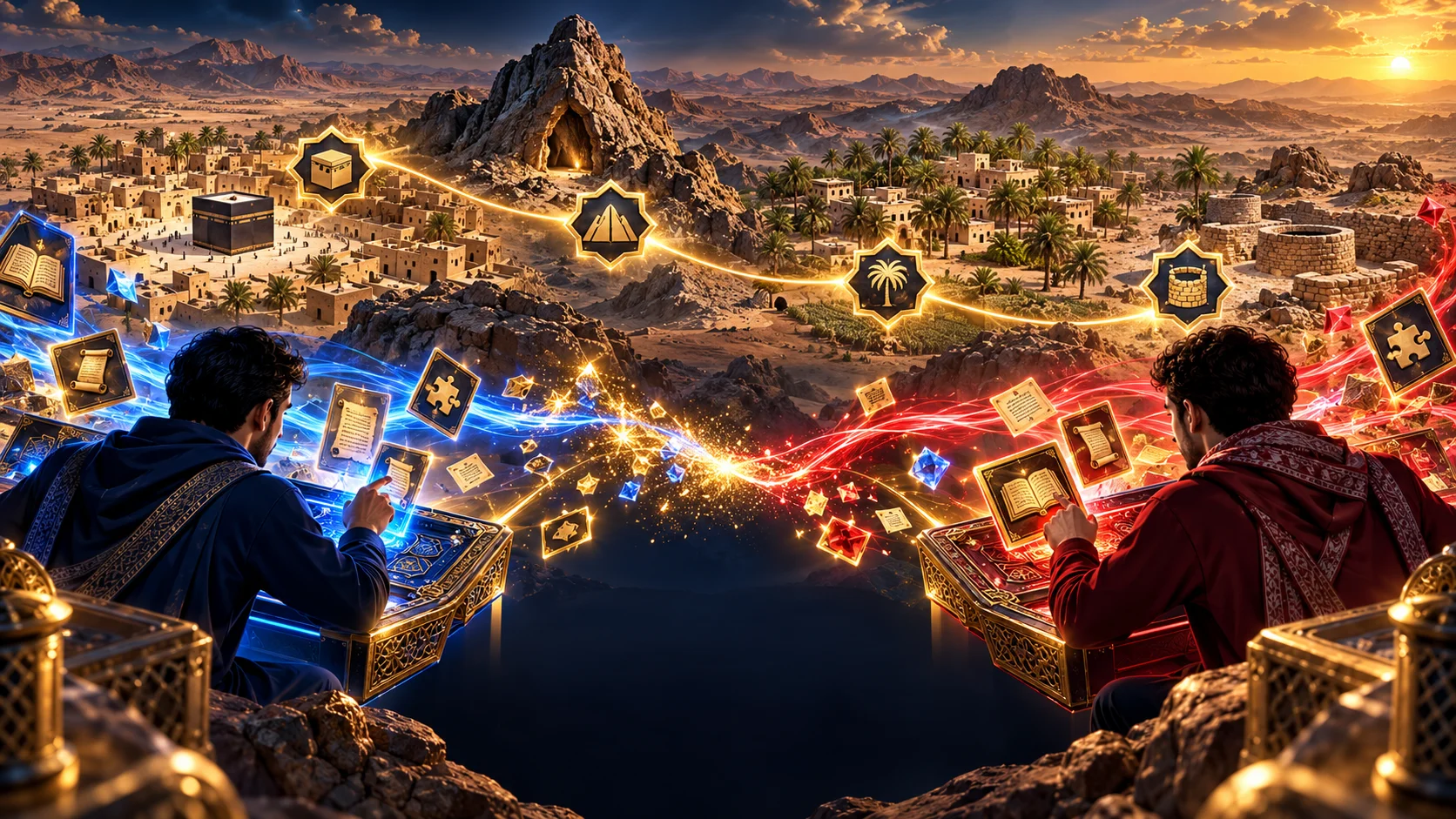 Two male learners face a luminous Seerah journey map in a blue and red online knowledge arena